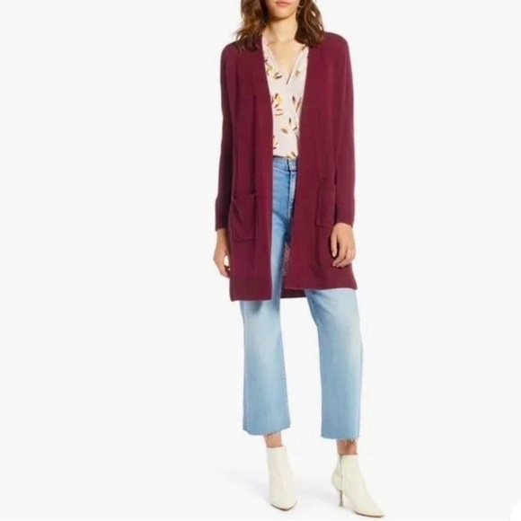 Halogen Rib Knit Wool & Cashmere Long Cardigan in Red Tannin Size S - Picture 1 of 9
